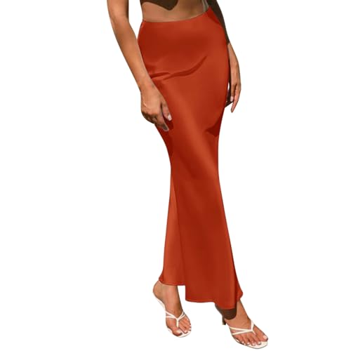 Satinrock Damen Midi Lang Röcke High Waist Fishtail Seidiger Business Bleistiftrock Party Cutting Rock Midirock Skirt Satin Seidenrock Hohe Taille Büro Elegante A-Linie Röcke Für Frauen (Y-Orange, M) von Generic