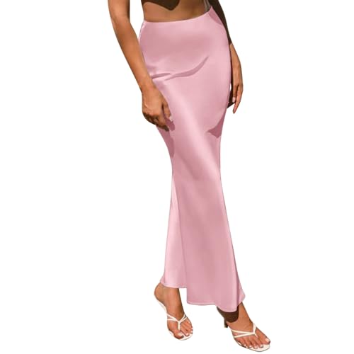 Satinrock Damen Midi Lang Röcke High Waist Fishtail Seidiger Business Bleistiftrock Party Cutting Rock Midirock Skirt Satin Seidenrock Hohe Taille Büro Elegante A-Linie Röcke Für Frauen (Y-Pink, L) von Generic