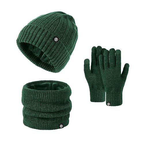 Schal Mütze und Handschuh Set Winter Kombi Set Strickmütze Beanie Touchscreen Handschuhe Winter Schal Set Beanie Handschuhe Geschenk Bommelmütze 3 teilig Winterset für Frauen Damen von Generic