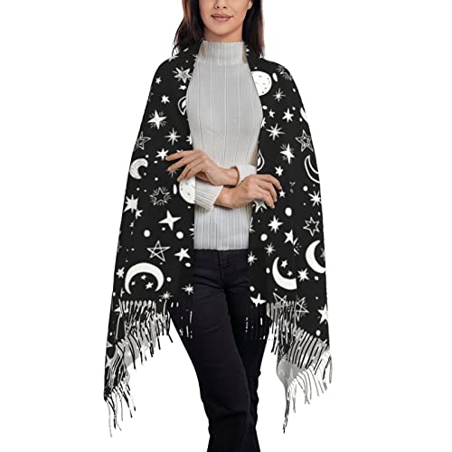 Generic Damen Winterschal Schwarz-Weißes Mond- Und Sternenmuster Schal 68 x 196 cm Polyester Weiche Schalcape Waschbar Damen Schal Halstuch von Generic