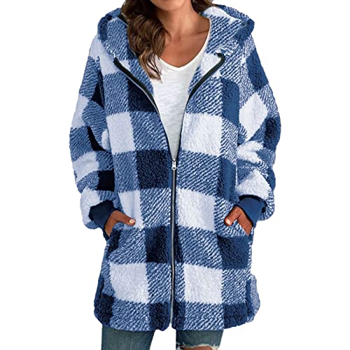 Schicke Damen Jacke - Damen Plüsch Mantel Langarm Kariert mit Reißverschluss mit Tasche Lose Mantel Gesteppter Mantel Lang, blau, 46 von Generic