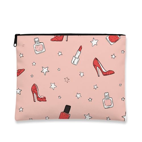 Schickes Make-up-Set, rote High Heels und Sternmuster, Kosmetik-Organizer-Tasche für Damen, tragbare Canvas-Reißverschlusstasche, modische Reise-Beauty-Essentials für Partys, Pfirsich, 7x9 Inch, High von Generic