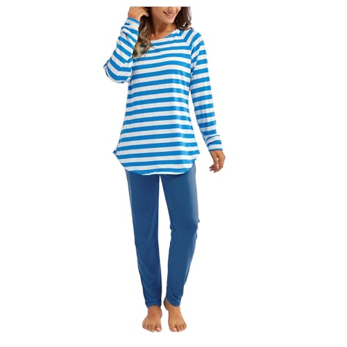Schlafanzug Damen Frottee Warm, Pyjama Set Damen Lang Baumwolle - Nachtwäsche Set Winter Zweiteiler Gestreift Oberteile + Schlafhose Hausanzug Große Größen Sleepwear Weich Loungewear von Generic