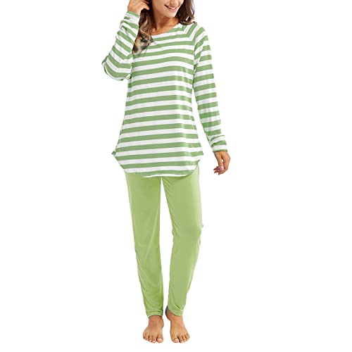 Schlafanzug Damen Frottee Warm, Pyjama Set Damen Lang Baumwolle - Nachtwäsche Set Winter Zweiteiler Gestreift Oberteile + Schlafhose Hausanzug Große Größen Sleepwear Weich Loungewear von Generic