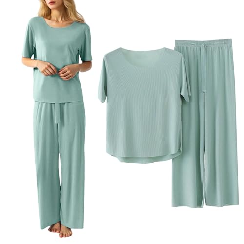 Schlafanzug Damen Kurz Eisseide Sommer Pyjama Set Einfarbig Lässig Zweiteiliger Leichtes Bequemes Kurzarm Nachtwäsche mit Elastischer Bund Lang Pyjamahose Loungewear Set (A02 Grün, XXXL) von Generic