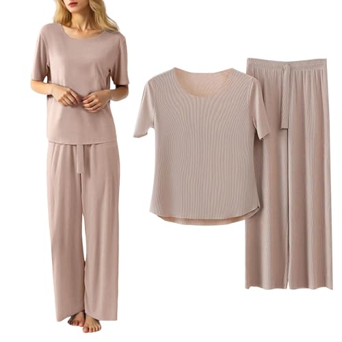 Schlafanzug Damen Kurz Eisseide Sommer Pyjama Set Einfarbig Lässig Zweiteiliger Leichtes Bequemes Kurzarm Nachtwäsche mit Elastischer Bund Lang Pyjamahose Loungewear Set (A03 Khaki, XL) von Generic