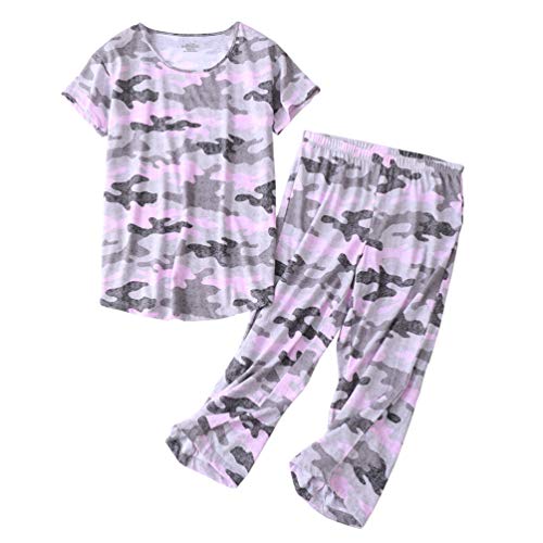 Schlafanzug Damen Kurz-Kurzarm-Top und 3/4 Lange Hose Pyjama(Groß,weißer Bär) von Generic