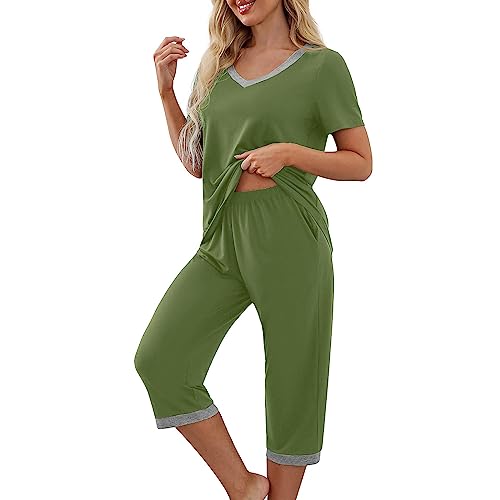 Schlafanzug Damen Kurz Set - Hausanzug,V-Ausschnitt Oberteil + 7/8 Schlafanzughose,Oversized Loungewear Set,Leicht Atmungsaktiv Freizeitanzug,Y2K Nachtwäsche Outfits,Baggy Bequem Negligee von Generic