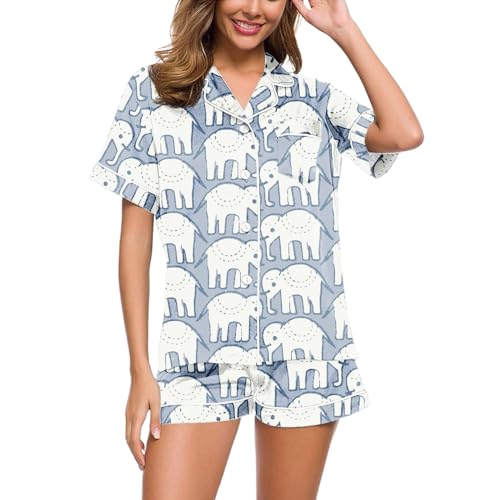 Schlafanzug Damen Kurz Zweiteiliger Pyjamas Y2K Schlafanzüge Revers Kurzarm AFFE Hase Tiger Muster PJ Shorts Set Roller Dupes Kaninchen Preppy Knopfleiste Nachtwäsche Hausanzug Sleepwear Loungewear von Generic