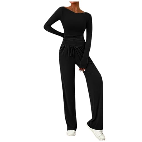 Schlafanzug Damen Lang 2-teiliges Damen-Set, asymmetrisches Langarm-T-Shirt, Weite Hose, lässige Outfits, Trainingsanzug Pyjama Teenager Mädchen Lang Nachthemd Mädchen (Black, S) von Generic