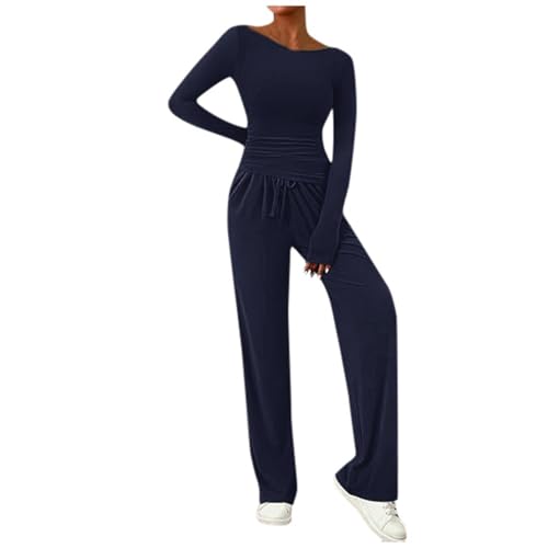 Schlafanzug Damen Lang 2-teiliges Damen-Set, asymmetrisches Langarm-T-Shirt, Weite Hose, lässige Outfits, Trainingsanzug Pyjama Teenager Mädchen Lang Nachthemd Mädchen (Dark Blue, XS) von Generic