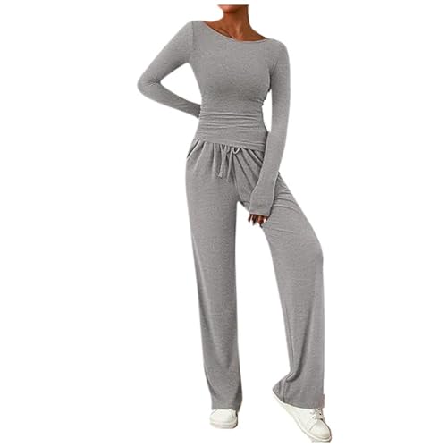 Schlafanzug Damen Lang 2-teiliges Damen-Set, asymmetrisches Langarm-T-Shirt, Weite Hose, lässige Outfits, Trainingsanzug Pyjama Teenager Mädchen Lang Nachthemd Mädchen (GY2, XS) von Generic