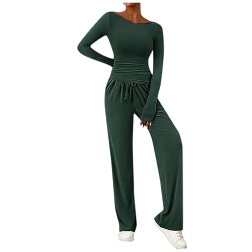 Schlafanzug Damen Lang 2-teiliges Damen-Set, asymmetrisches Langarm-T-Shirt, Weite Hose, lässige Outfits, Trainingsanzug Pyjama Teenager Mädchen Lang Nachthemd Mädchen (Green, M) von Generic