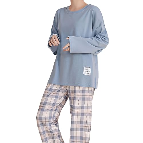 Schlafanzug Damen Lang Baumwolle Pyjama mit Rundhals T Shirt Pyjamahose Winter Zweiteiler Damen Schlafanzug Frauen Bequeme Sleepwear Freizeit Hausanzug von Generic