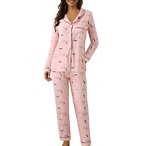 Schlafanzug Damen Lang Baumwolle Zweiteiler Pjama Nachtwäsche mit Knopfleiste Bequeme Pyjamahose Pjama Set für Damen Frauen Morgenmantel Sleepwear Hausanzug Freizeitanzug Twosie Pyjama Set von Generic