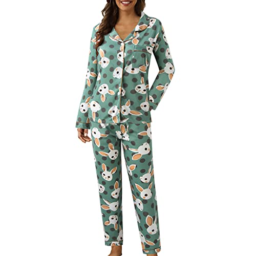 Schlafanzug Damen Lang Baumwolle Zweiteiler Pjama Nachtwäsche mit Knopfleiste Bequeme Pyjamahose Pjama Set für Damen Frauen Morgenmantel Sleepwear Hausanzug Freizeitanzug Twosie Pyjama Set von Generic