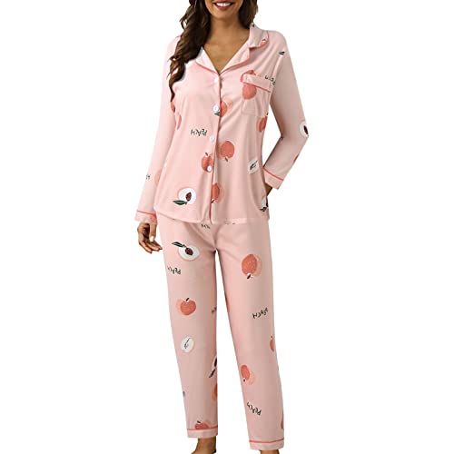 Schlafanzug Damen Lang Baumwolle Zweiteiler Pjama Nachtwäsche mit Knopfleiste Bequeme Pyjamahose Pjama Set für Damen Frauen Morgenmantel Sleepwear Hausanzug Freizeitanzug Twosie Pyjama Set von Generic