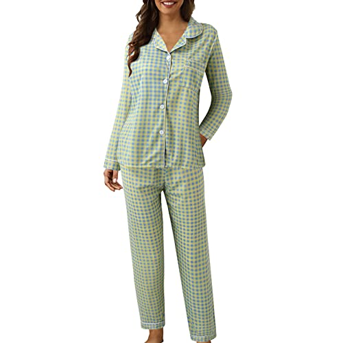Schlafanzug Damen Lang Baumwolle Zweiteiler Pjama Nachtwäsche mit Knopfleiste Bequeme Pyjamahose Pjama Set für Damen Frauen Morgenmantel Sleepwear Hausanzug von Generic