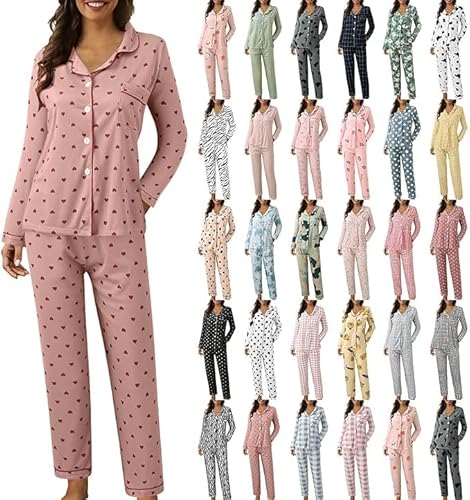 Schlafanzug Damen Lang Baumwolle Zweiteiler Pjama Nachtwäsche mit Knopfleiste Bequeme Pyjamahose Pjama Set für Damen Frauen Morgenmantel Sleepwear Loungewear von Generic