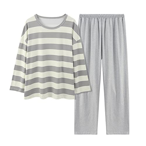Schlafanzug Damen Lang Baumwolle Zweiteiler Pyjama Set Oversize Pullover mit Streifen Bequeme Freizeithose Freizeit Nachtwäsche Damen Sleepwear Loungewear von Generic