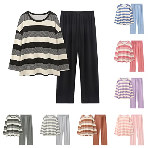 Schlafanzug Damen Lang Baumwolle Zweiteiler Pyjama Set Oversize Pullover mit Streifen Bequeme Freizeithose Freizeit Nachtwäsche Damen Sleepwear Loungewear von Generic