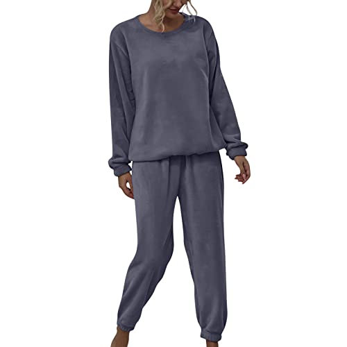 Schlafanzug Damen Lang - Hausanzug Damen Nicki Thermo Zweiteiliger Fleece Set Langarm Shirt Und Hose Zweiteiler Für Frauen Mädchen Hausanzug Nightwear Lounge Set Freizeitanzug von Generic