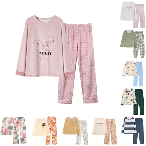 Schlafanzug Damen Lang Kawaii Zweiteiler Pjama Nachtwäsche mit Rundhals Tops und Bequeme Pyjamahose Pjama Set für Damen Frauen Morgenmantel Sleepwear Hausanzug von Generic