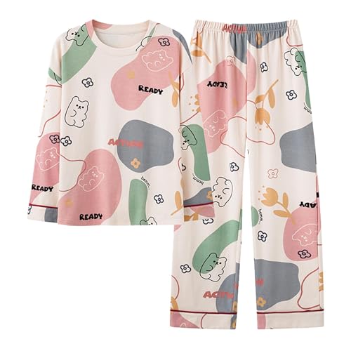 Schlafanzug Damen Lang Kawaii Zweiteiler Pjama Nachtwäsche mit Rundhals Tops und Bequeme Pyjamahose Pjama Set für Damen Frauen Morgenmantel Sleepwear Hausanzug von Generic
