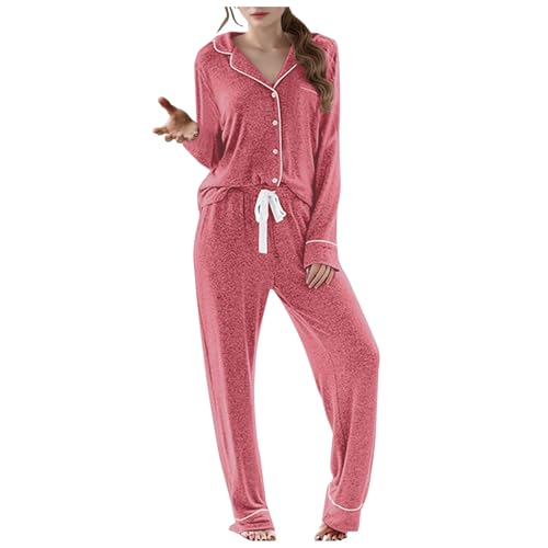Schlafanzug Damen Lang Pyjama Sets mit Knopfleiste Zweiteiliger Nachtwäsche Hausanzug von Generic