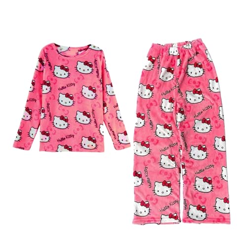 Schlafanzug Damen Lang Winter Flanell Pyjama Zweiteiliger Kuschel Schlafanzüge für Damen Flauschig Cartoon Pjama Set Frauen Kawaii Anime Damenschlafanzug Nachtwäsche Set Sleepwear Hausanzug Loungewear von Generic