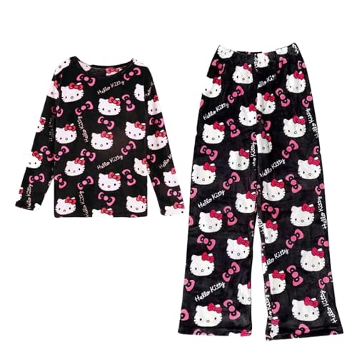 Schlafanzug Damen Lang Winter Flanell Pyjama Zweiteiliger Kuschel Schlafanzüge für Damen Flauschig Cartoon Pjama Set Frauen Kawaii Anime Damenschlafanzug Nachtwäsche Set Sleepwear Hausanzug Loungewear von Generic