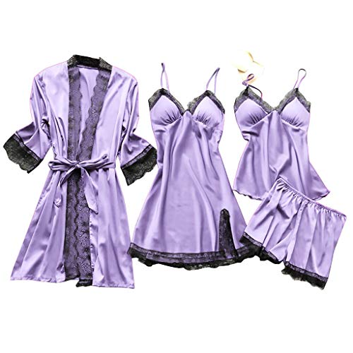 Schlafanzug Damen Pyjama Set 4PCS Nachtwäsche Dessous Set Sexy Spitze Negligee Babydoll NegligeesKostüm Lingerie Nachthemd Schlafanzüge von Generic