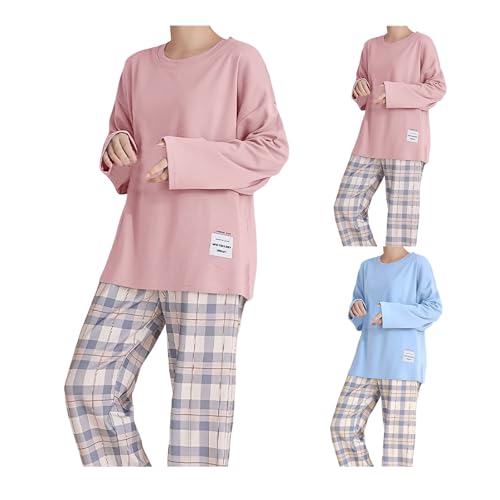 Schlafanzug Damen Pyjama Set Lang Zweiteiliger Nachtwäsche Raglanärmel Sleepwear und Karierte Pyjamahose Hausanzug Freizeitanzug Loungewear von Generic