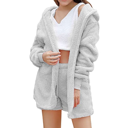 Schlafanzug Damen Set DREI Stücke Anzug Weiche Warme Flanell Shorts Pyjama Set Mit Kapuze Nachtwäsche Morgenmantel Reisebademantel Sauna Mantel Warm Kuschelig Loungewear (Grey-a, M) von Generic