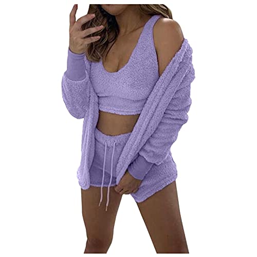 Schlafanzug Damen Set DREI Stücke Anzug Weiche Warme Flanell Shorts Pyjama Set Mit Kapuze Nachtwäsche Morgenmantel Reisebademantel Sauna Mantel Warm Kuschelig Loungewear (Purple, XXL) von Generic