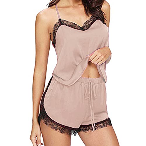 Schlafanzug Damen Sexy Pyjama Set Satin Nachtwäsche Sommer Kurz Hausanzug Spitzen Top und Shorts Negligee V-Ausschnitt Loungewear Pyjamahose und Shirt Sommer Sleepwear (Beige, XXL) von Generic