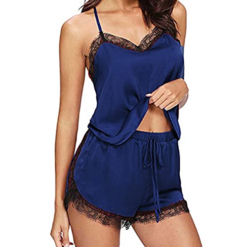 Schlafanzug Damen Sexy Pyjama Set Satin Nachtwäsche Sommer Kurz Hausanzug Spitzen Top und Shorts Negligee V-Ausschnitt Loungewear Pyjamahose und Shirt Sommer Sleepwear (Dark Blue, XXL) von Generic