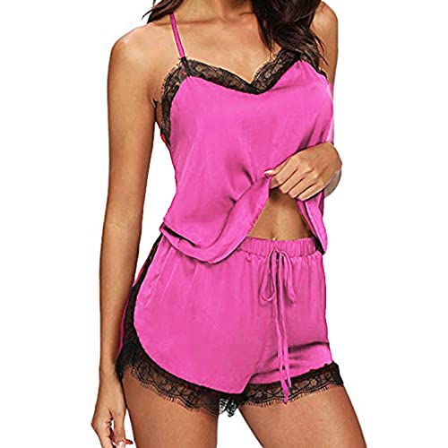 Schlafanzug Damen Sexy Pyjama Set Satin Nachtwäsche Sommer Kurz Hausanzug Spitzen Top und Shorts Negligee V-Ausschnitt Loungewear Pyjamahose und Shirt Sommer Sleepwear (Pink, XXXL) von Generic