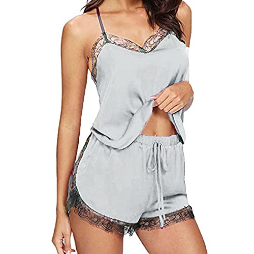 Schlafanzug Damen Sexy Pyjama Set Satin Nachtwäsche Sommer Kurz Hausanzug Spitzen Top und Shorts Negligee V-Ausschnitt Loungewear Pyjamahose und Shirt Sommer Sleepwear (Silver, L) von Generic