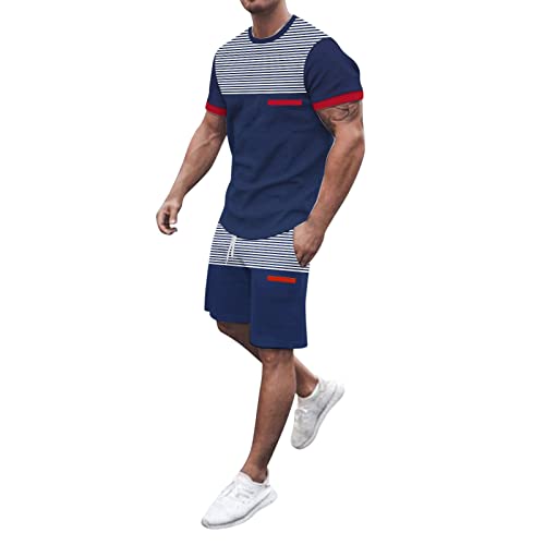 Schlafanzug Herren Kurz Pyjama Anzug Kordelzug Shorts Zweiteiliges Set Tennishose Tether Shorts Anzüge Outfits Kurzarm T-Shirts und Shorts Sport Atmungsaktiv Gestreifte von Generic