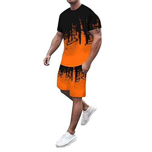 Schlafanzug Herren Kurz Pyjama Kragen Kurzarm Top Bluse Shorts Zweiteiliges Set Trainingshose Tether Shorts Anzüge Jogging-Sets Sportlicher Absorbierend Nähte Gestreifte (Orange-3, XL) von Generic