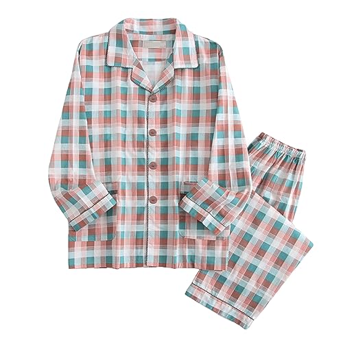 Schlafanzug Herren Lang Pyjama Baumwolle Kariert Pyjamas Set Nachtwäsche Set Zweiteiliger mit Herren Pyjamahose und Shirt Rundhals Elastischer Bund Taschen Sleepwear von Generic
