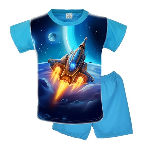 Schlafanzug Junge Kurzarm 100% Baumwolle Pyjama Junge Sommer Pyjama Set Kurz Blau 2-teiliger 122, Pattern 1 von Generic