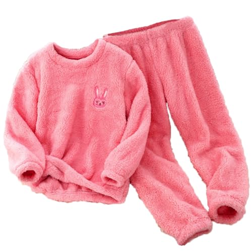 Schlafanzug Jungen Mädchen Flauschiger Pyjama Set Fleece Schlafanzug Winter Warm Pyjama Zweiteiler Hauskleidung Langarm Tops and Lang Hosen Kinder Cute Weich Kostüm (Pink, 9-10 Years) von Generic