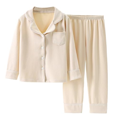 Schlafanzug Jungen Mädchen Revers Strickjacken Pyjama Set Lange Rippen Schlafanzug Zweiteiler Hauskleidung Herbst und Winter Weiche Nachtwäsche Kinder Langarm Tops and Lang Hosen (Beige, 11-12) von Generic