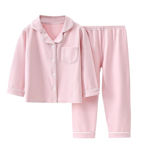 Schlafanzug Jungen Mädchen Revers Strickjacken Pyjama Set Lange Rippen Schlafanzug Zweiteiler Hauskleidung Herbst und Winter Weiche Nachtwäsche Kinder Langarm Tops and Lang Hosen (Pink, 11-12) von Generic