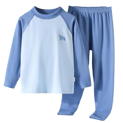 Schlafanzug Jungen MädchenColorblock Raglan Pyjama Set Lange Rundhalsausschnitt Pyjama Zweiteiliger Hauskleidung Nachtwäsche Kinder Langarm Tops and Lang Hosen (Blue, 4-5 Years) von Generic