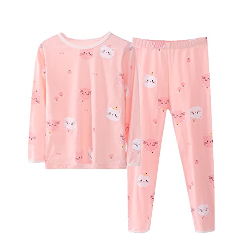Schlafanzug Mädchen Baumwolle Pyjama Set Lange Rundhalsausschnitt Pyjama Cute Katze Drucke Nachtwäsche Zweiteiliger Hauskleidung Kinder Langarm Tops and Lang Hosen (Watermelon Red, 7-8 Years) von Generic
