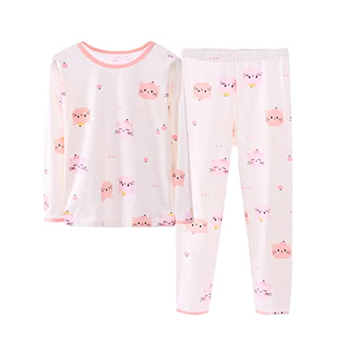 Schlafanzug Mädchen Baumwolle Pyjama Set Lange Rundhalsausschnitt Pyjama Cute Katze Drucke Nachtwäsche Zweiteiliger Hauskleidung Kinder Langarm Tops and Lang Hosen (White, 7-8 Years) von Generic
