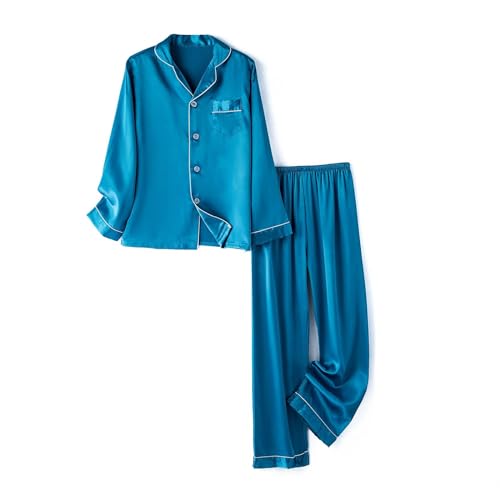 Schlafanzug Mädchen Lang Satin Pyjama Weiche Atmungsaktive Schlafanzüge Zweiteiliger Loungewear Set Nachtwäsche Set Langarm Seide Hauskleidung Button (Blue, 8-9 Years) von Generic